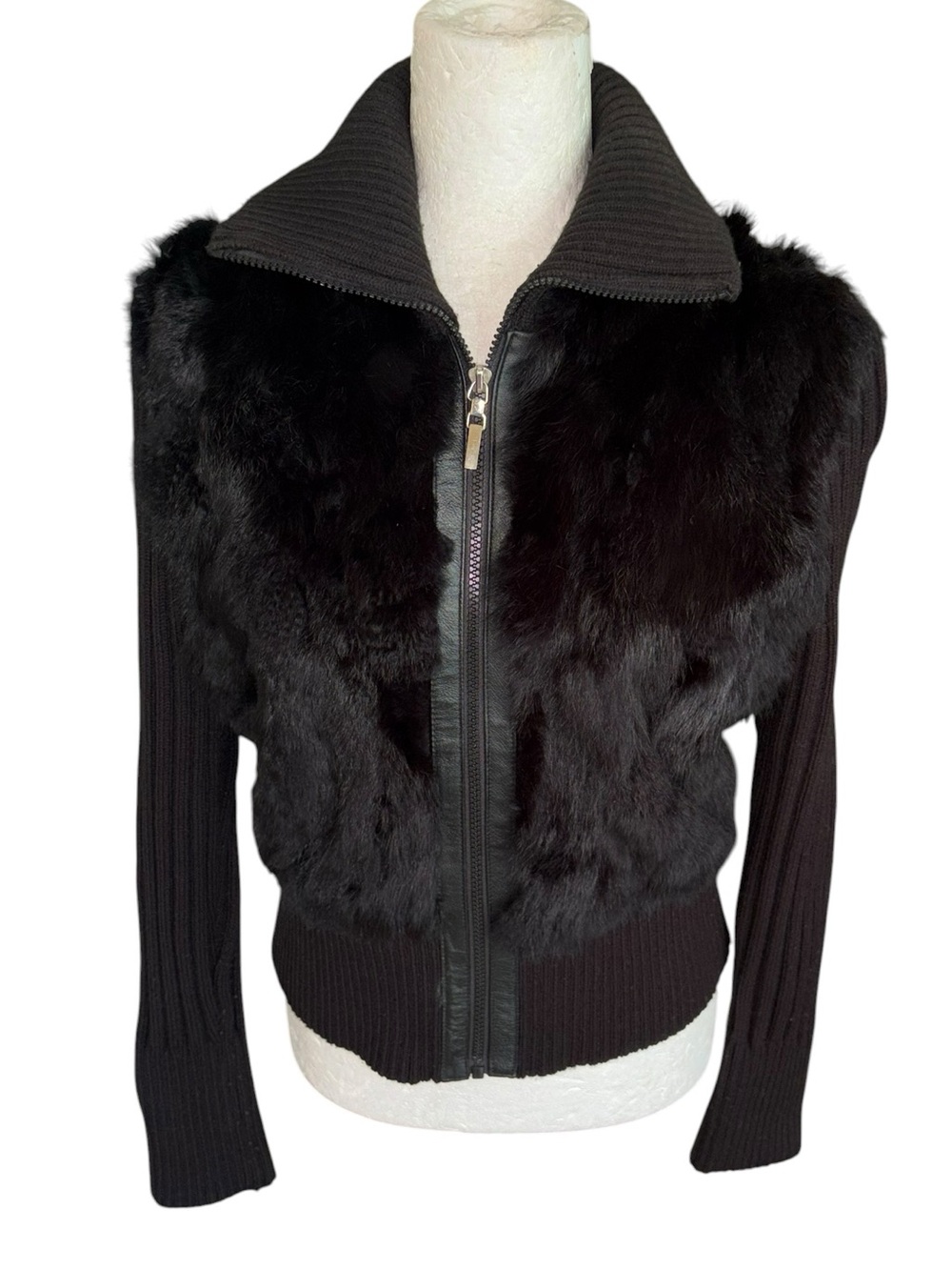 Vintage Jennyfer J Black Genuine Fur Leather Knit Y2K Jacket Cardigan - L